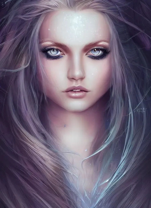 Image similar to face portrait of a moon princess with shimmering hair and eyes, digital illustration, trending on artstation, deviantart, artgerm, epic composition, masterpiece, highly detailed, perfect face, realistic face, wlop, ross draws