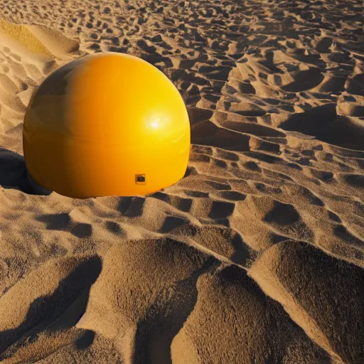 Image similar to in the center of a large sand quarry in the sand lies a large golden ball, a broken excavator is standing nearby, an anomalous air funnel is nearby, book illustration stylization, high quality, depth of sharpness, focus on the object