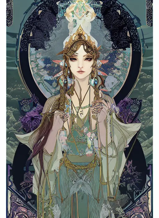 Prompt: the Empress tarot card art nouveau beautiful full body dark fantasy Legend of Zelda breath of the wild, blackpink lisa+smoky eyes+front face with light flowing hair, ultradetail face, art and illustration by CASIMIR ART and tian zi and craig mullins and Ayami Kojima and WLOP and alphonse mucha, fantasy, intricate complexity, human structure, human anatomy, fantasy character concept, watermark, blurry, hyperrealism 8k