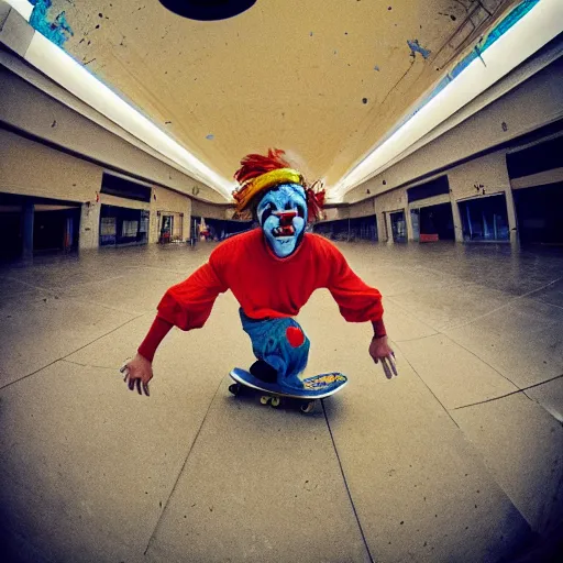 Image similar to “ a highly detailed photo of a clown skateboarding in an abandoned mall, fisheye lens, sharp focus, award winning, 8 k ”