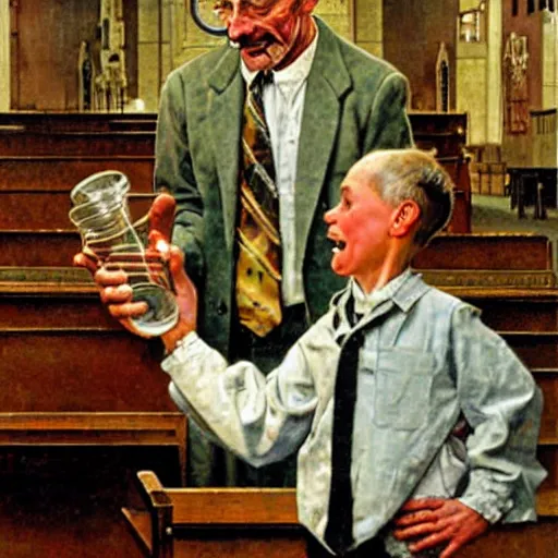 Image similar to male scientist holding a beaker next to a church altar with a child on it, painting by norman rockwell