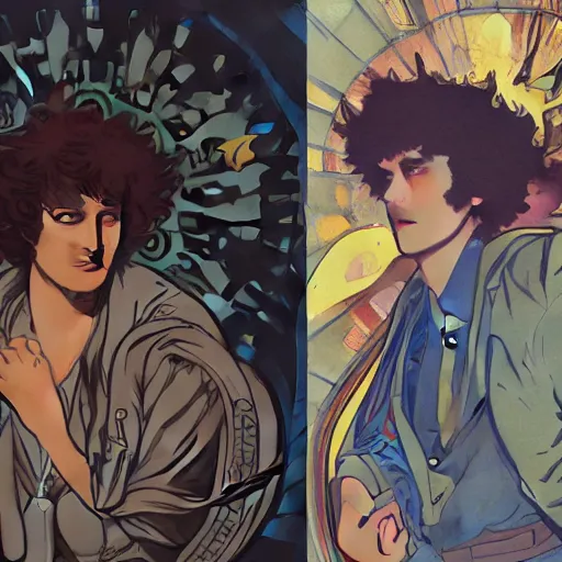 Image similar to concept art, silhouette of Spike Spiegel in front of Ganymede in the style of Alphonse Mucha and Hiroya Oku, 4k, artstation,