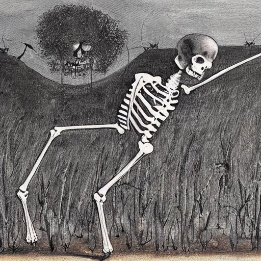 Image similar to a painting of a cat's skeleton walking around a field, in the style of bubonic plague paintings.