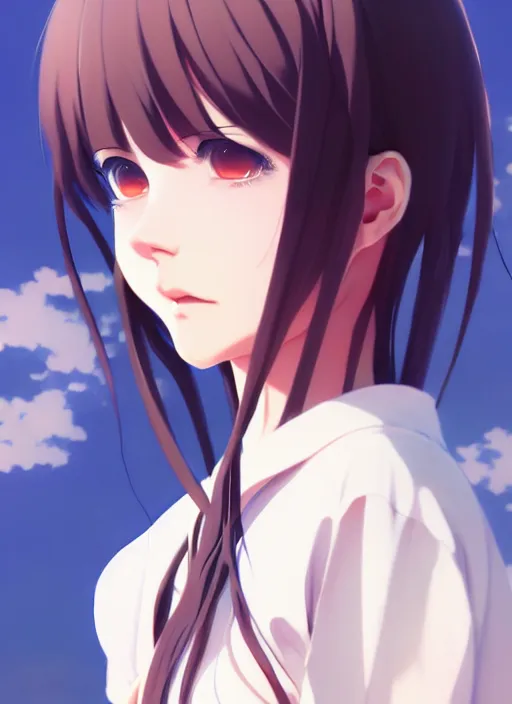 Image similar to portrait of a anime girl by ilya kuvshinov, cloudy sky background lush landscape illustration concept art anime key visual trending pixiv fanbox by wlop and greg rutkowski and makoto shinkai and studio ghibli