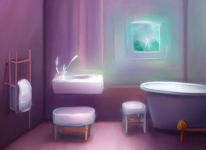 Image similar to placid pastel morning cute painterly fluffy bathroom trending on pixiv