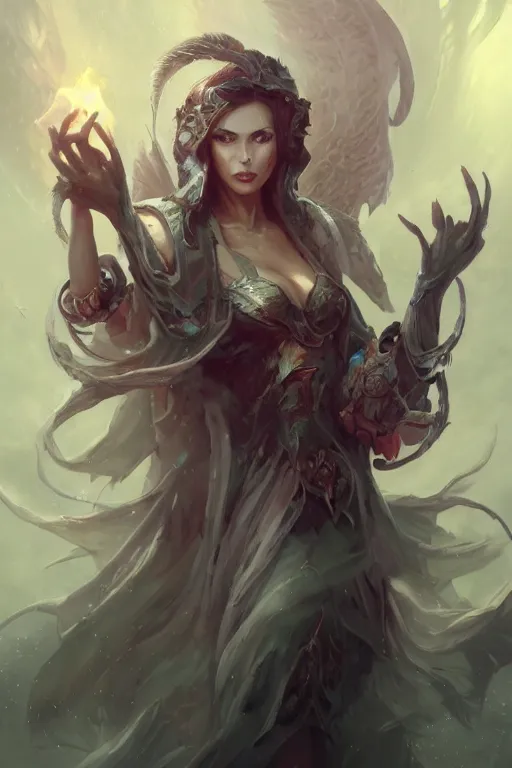 Prompt: beautiful girl necromancer full of sculls, wizard of the coast casting magic spell, angel, magic storm and thunder clouds, scifi, fantasy, magic the gathering, hyper detailed, octane render, concept art, 3 d render, hyper realistic detailed portrait, peter mohrbacher