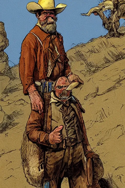 Prompt: vernon. Old rabbit dressed as an old west prospector. concept art by James Gurney and Mœbius.