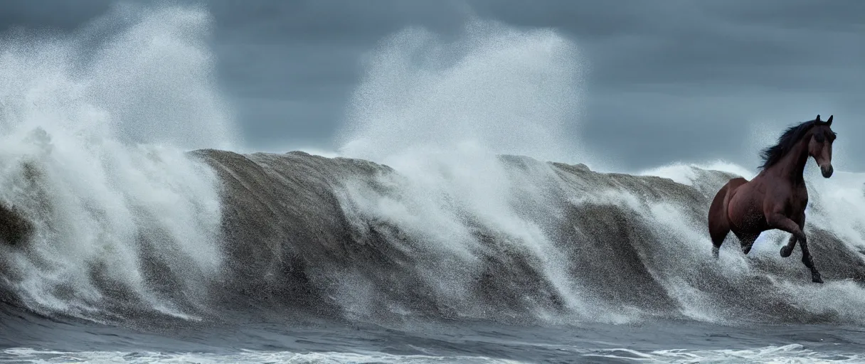 Prompt: horse running along a stormy ocean, large waves, vivid colors