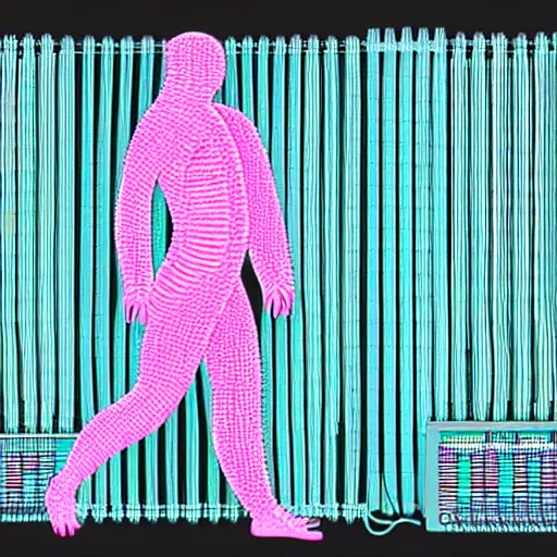 Image similar to illustration of a human form made of pink patch cables, using a large modular synthesizer