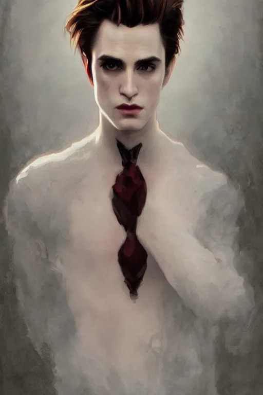 Prompt: edward cullen from twilight, diffuse lighting, fantasy, intricate, elegant, highly detailed, lifelike, photorealistic, digital painting, artstation, illustration, concept art, smooth, sharp focus, art by john collier and albert aublet and krenz cushart and artem demura and alphonse mucha