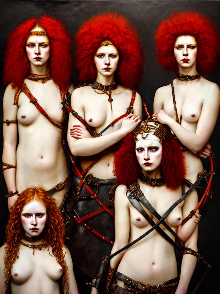 Prompt: oil painting of two fierce looking beautiful young women warriors with curly red hair and symmetrical white makeup standing side by side, wrapped in leather straps, wearing an intricate head dress made from bones and leather, painted by turner, intricate linework, radiant light, detailed and intricate environment