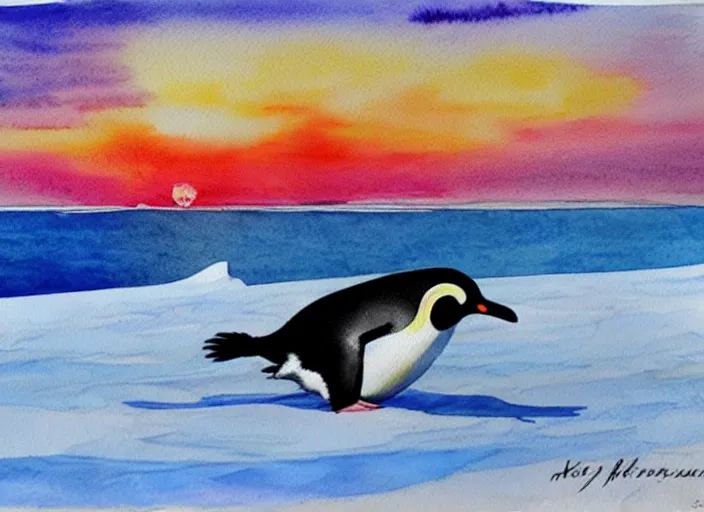 Image similar to a penguin sliding on the ice floe, watercolor, highly detailed, sunset light