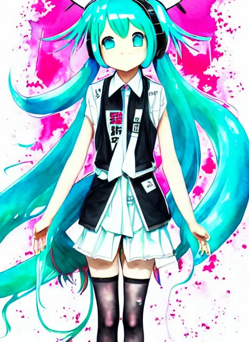 Prompt: a high detail watercolor of Hatsune Miku VOCALOID on stage by Yukito Kishiro and katsuhiro otomo and Tomas Sanchez and Simon Stålenhag pixiv fanbox skeb.jp clipstudio medibang ichi-up CGWORLD key visual manga cover