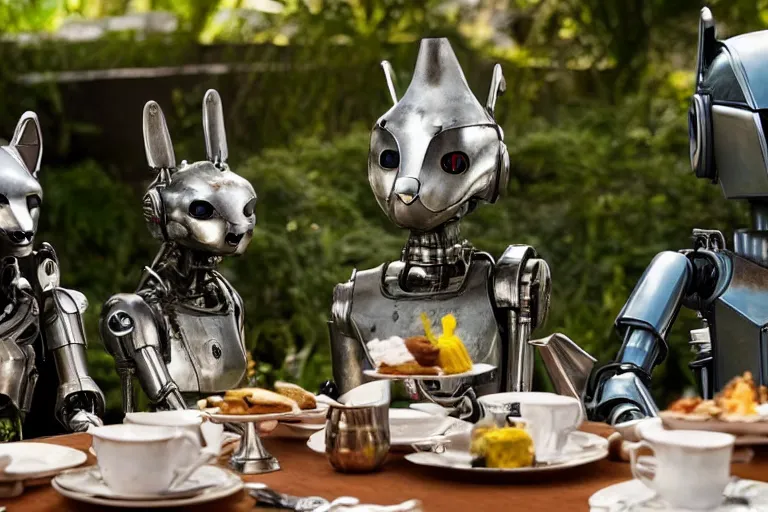 Image similar to film still from the movie chappie of the robot chappie shiny metal outdoor park plants garden scene bokeh depth of field several figures sitting down at a table having a delicious grand victorian tea party furry anthro anthropomorphic stylized cat ears wolf muzzle head android service droid robot machine fursona