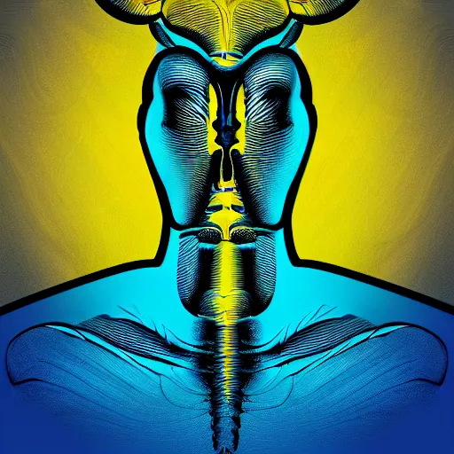 Image similar to human man that resembles a wasp morh in surreal sketch style, blue and yellow gradient, noise, ultrafine detail, hd 8k, logo illustration