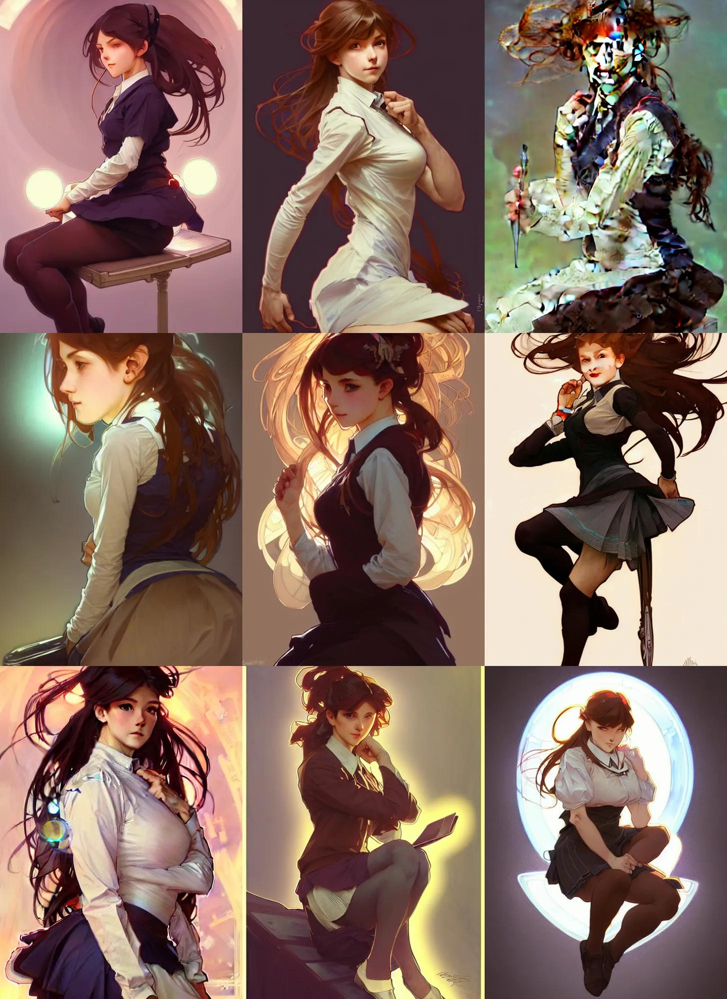 Image similar to a digital concept art by artgerm and greg rutkowski and alphonse mucha. clear portrait of a squatting attractive school girl in uniform!! sit on heels!! light effect. hyper detailed, character concept, glowing lights!! intricate, elegant, digital painting, artstation, smooth, sharp focus