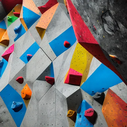 Image similar to looking up at a bouldering wall with brightly colored holds and volumes, holds and vikumes made of human faces, iso, mm, octane,