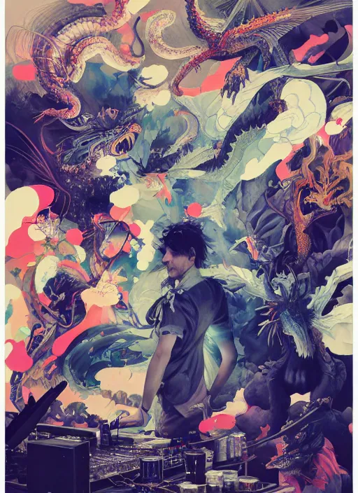 Image similar to surreal gouache painting, by yoshitaka amano, by ruan jia, by Conrad roset, by good smile company, Noel Fielding surrounded by magical dragonflies and a big DJ Mixer, deck, portrait, cgsociety, artstation, rococo mechanical and Digital and electronic, dieselpunk atmosphere