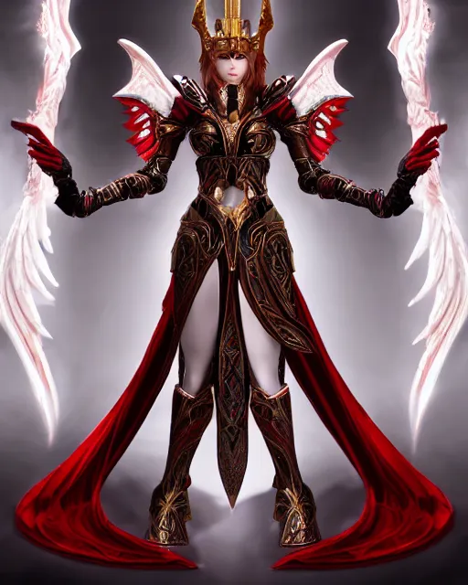 Prompt: red - haired final fantasy white marble egyptian pharaoh with dragon wings, warframe armor, regal, symmetric, centered, attractive, ornate, sultry, sexy, beautiful, elize theron, pretty face, green eyes, scifi platform, 4 k, ultra realistic, epic lighting, illuminated, cinematic, black gold, art by alexandra petruk, voidstar