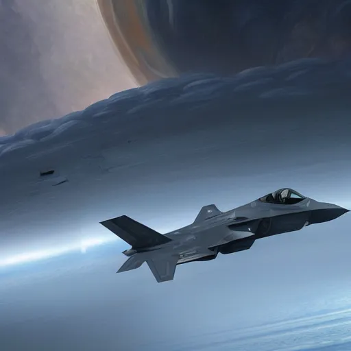 Prompt: f 3 5 jets in the storm clouds of jupiter, by cedric peyravernay, highly detailed, excellent composition, cinematic concept art, dramatic lighting, trending on artstation