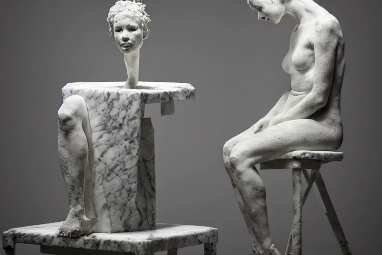 Prompt: a sculpture of a person sitting on top of a chair, a white marble sculpture by nicola samori, behance, neo - expressionism, marble sculpture, apocalypse art, made of mist