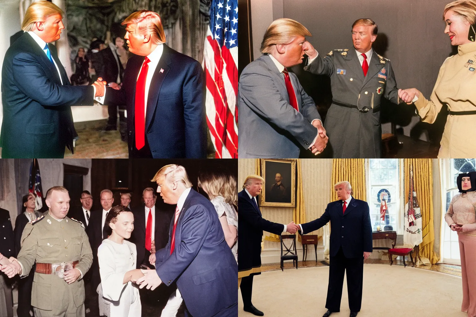 Prompt: color closeup photograph of Donald Trump wearing roman armor Reichsstaffelführer outfit, shaking hands with Sydney Powell wearing Schutzstaffel outfit, off-camera flash, canon 24mm f11 aperture, Ektachrome color photograph