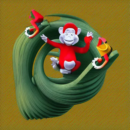 Prompt: happy monkey in the style of Dr Suess and MC Escher, digital art, 3d, smooth