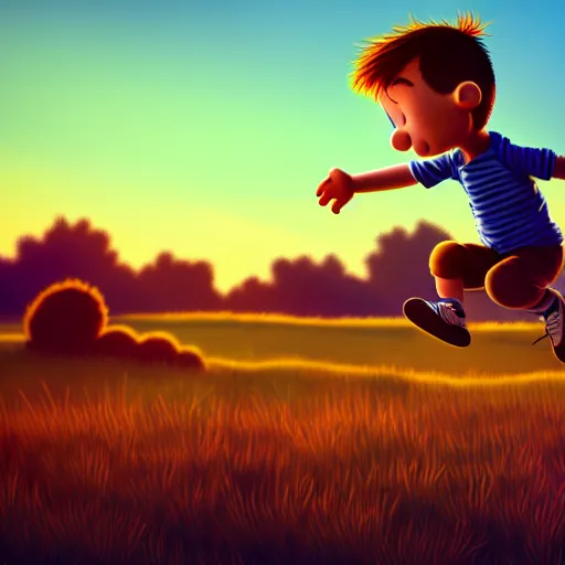 Prompt: A young boy jumping over a wooden fence in a grass field, golden hour, digital art, trending on artstation and unreal engine, in the style of Calvin and Hobbes