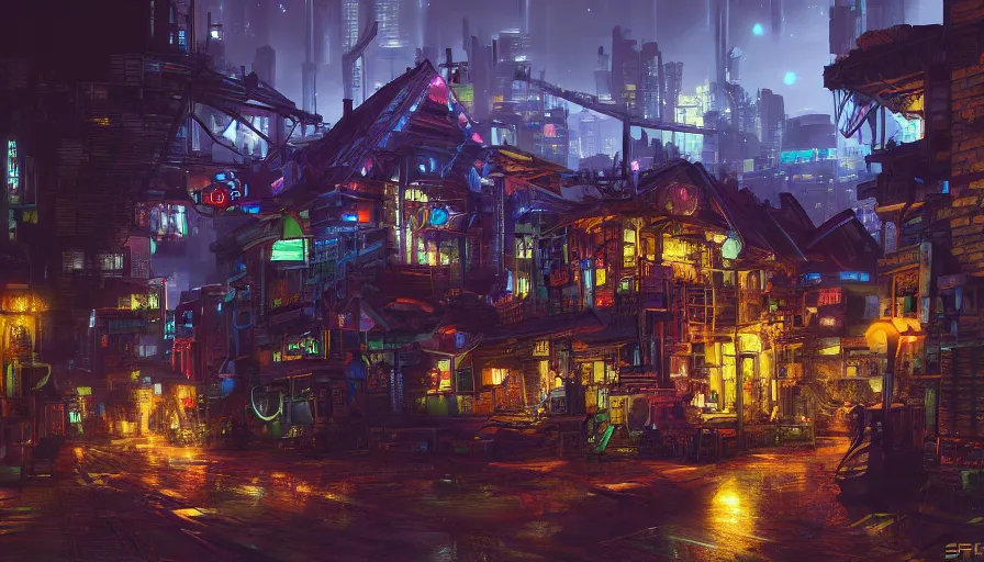 Prompt: Cyberpunk English village at night paint by Sean Charmatz, hyperdetailed, artstation, cgsociety, 8k