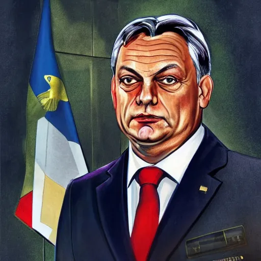 Image similar to portrait of hungarian prime minister viktor orban in uniform, hungary president election, soviet propaganda poster, hungarian flag in the background, colored, artgerm, highly detailed