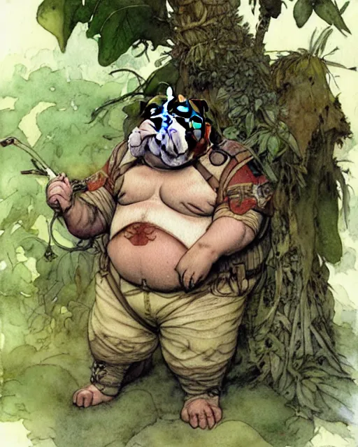 Image similar to a realistic and atmospheric watercolour fantasy character concept art portrait of a fat adorable chibi bulldog soldier in the jungle, by rebecca guay, michael kaluta, charles vess and jean moebius giraud