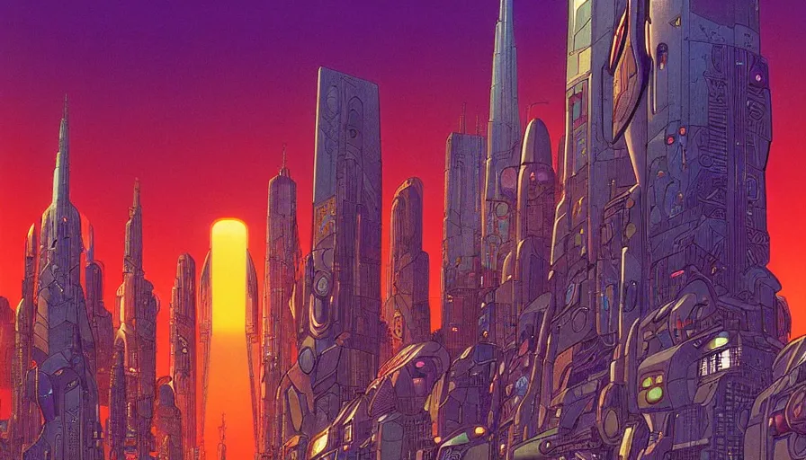 Image similar to the origine of cybertimes, metahumans and androids, fractals, cyberpunk city well, visual development by jean giraud and moebius, incal!!!!!!, dynamic lighting