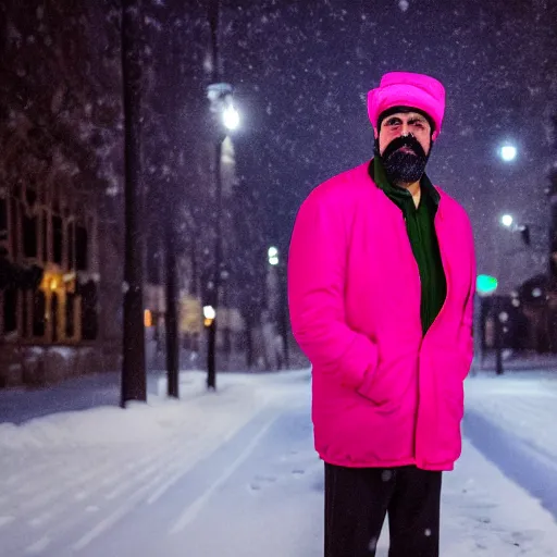 Image similar to Professional portrait of Saddam Hussein wearing a puffy pink jacket and a bucket hat in a snowy city street at night, 8k, dslr, cinematic,