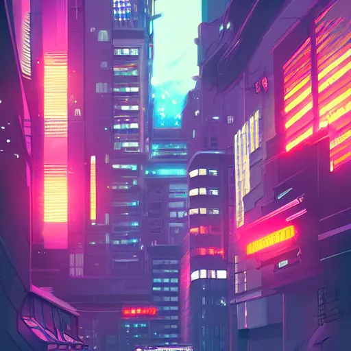 Image similar to digital painting of a city at night, cyberpunk art by Makoto Shinkai, pixiv, color field, anime aesthetic, vivid colors, colorful, trendy on behance hd