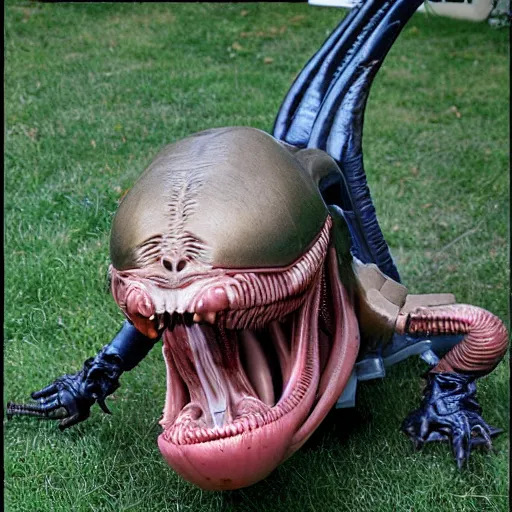 Prompt: drooling smooth xenomorph from the movie aliens IV with a small wet dog in its mouth. Suburban backyard. Production photograph from horror sci-fi film.