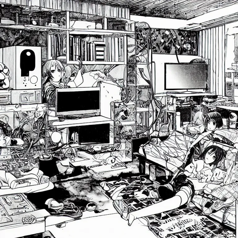 Prompt: manga illustration of teenager playing video games inside creepy 1 9 8 0's living room basement.