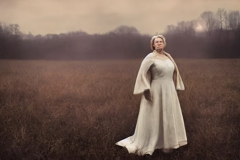 Image similar to a cinematic headshot portrait of a frozen middle aged woman stood in a field, field on fire, ultra realistic, depth, beautiful lighting, by annie leibovitz