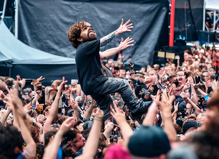 Image similar to photo still of peter dinklage at the vans warped tour!!!!!!!! at age 3 6 years old 3 6 years of age!!!!!!!! stage diving into the crowd, 8 k, 8 5 mm f 1. 8, studio lighting, rim light, right side key light