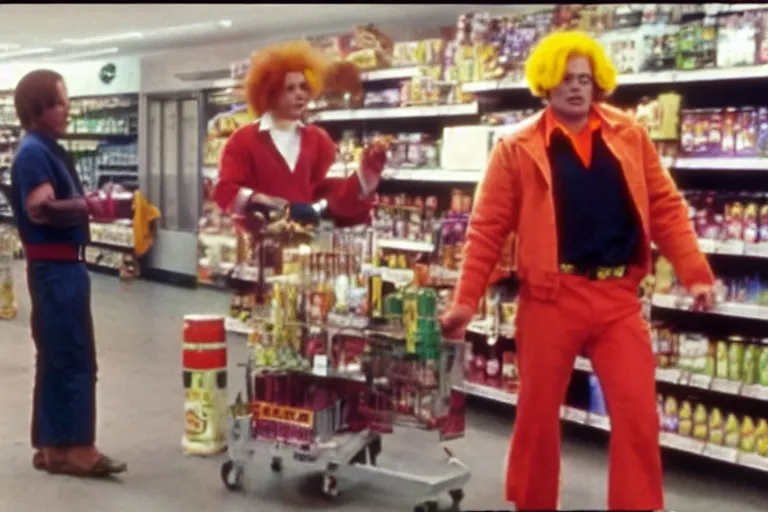 Image similar to a still ronald mcdonald shoplifting from a grocery store in the tv show the a - team, vcr recording