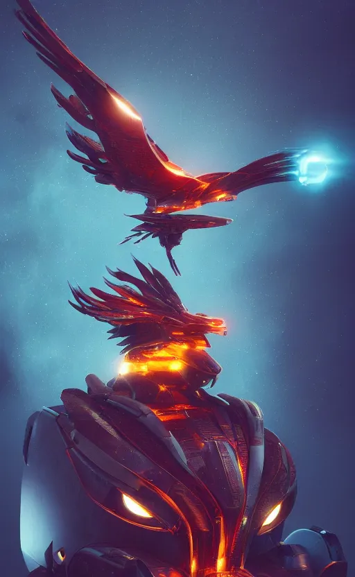 Prompt: a spaceship in the shape of a phoenix bird, robot, portrait, fire, ash, electricity lightning, furry, soft, concept art, sharp focus, intricate details, highly detailed, photorealistic, disney pixar, octane render, iridescent, anime, 8 k