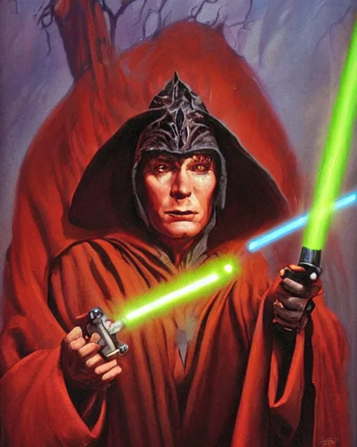 Image similar to portrait of Rosie O’ Donnel with lightsaber as a powerful dungeons and dragons warlock, wearing dark robe, intricately detailed, lovecraftian, realistic, oil painting, by jeff easley, boris vallejo, cinematic lighting