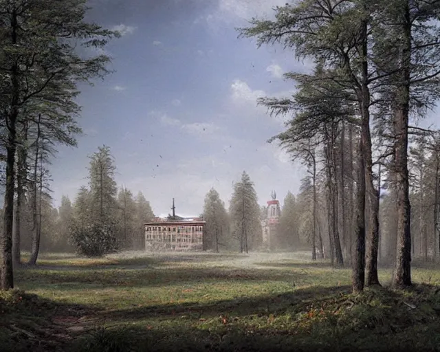 Image similar to beautiful matte painting of cute soviet block of flats hrushevka in end of forest by ivan shishkin