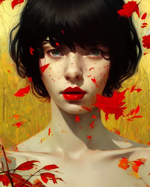 Image similar to highly detailed normal looking hippie, mundane, black hair, flying leaves on backround, symmetrical, red lips, paint by ilya kuvshinov and ilya repin trending on artstation, intricate details, energetic composition, golden ratio, concept art, illustration, elegant art