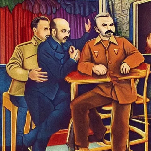 Image similar to Gay-Stalin and Gay-Lenin in gay bar, Very Highly Detailed Realistic colourfull photography