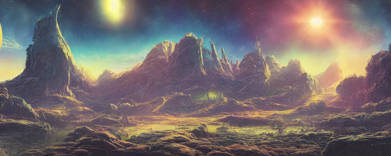 Image similar to retro sci-fi planetary fantasy landscape