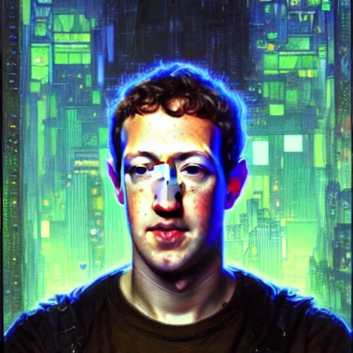 Image similar to portrait of a mark zuckerberg. shadowrun furaffiniy cyberpunk fantasy highly detailed painting by gaston bussiere craig mullins jc leyendecker gustav klimt artgerm greg rutkowski john berkey, bergey, craig mullins, ruan jia, raymond swanland, jeremy mann, tom lovell, alex malveda