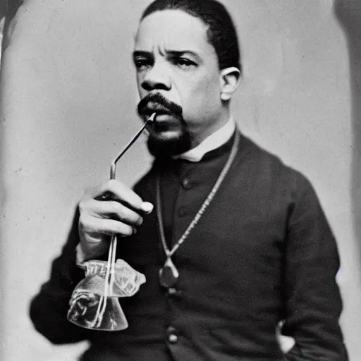 Image similar to tintype photo of ice - t, drinking iced tea with a straw, by julia margaret cameron 1 8 8 0 s, realistic, body shot, sharp focus, 8 k high definition, insanely detailed, intricate, elegant