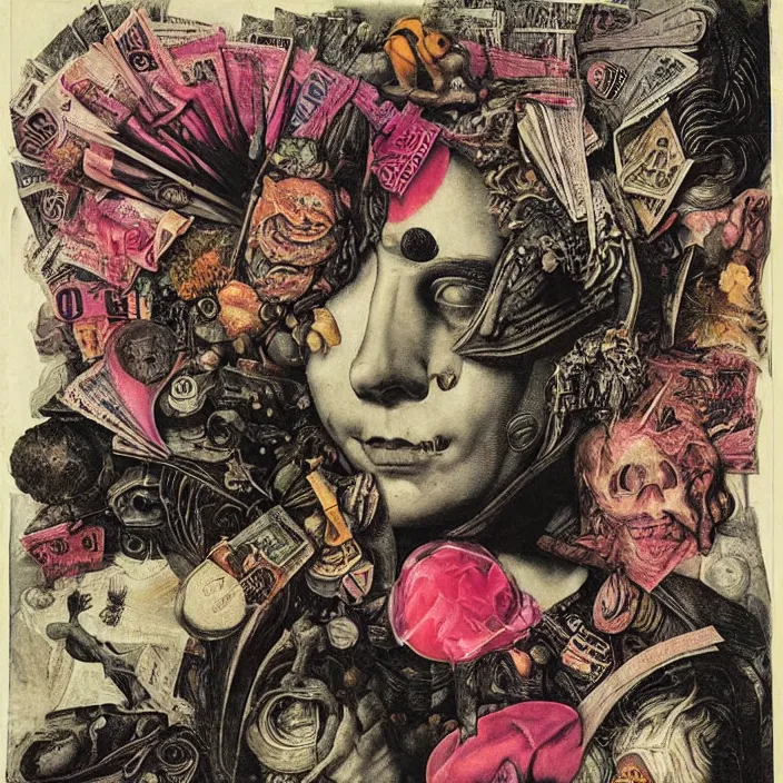 Image similar to post - punk new age album cover, asymmetrical design, dollar bank notes, capitalism, magic, apocalypse, psychedelic, black white pink, highly detailed, magic, giger h. r., giuseppe arcimboldo