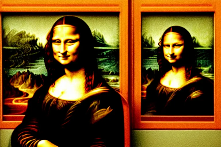 Image similar to grainy 3 5 mm film photo of the mona lisa sitting on a bus in london