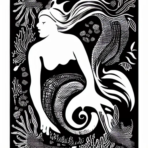 Image similar to black and white illustration, creative bold design, mermaid